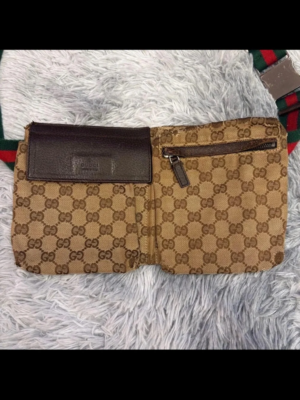 Gucci Tan GG Canvas Belt Bag with Brown Leather and Green-Red Web Strap